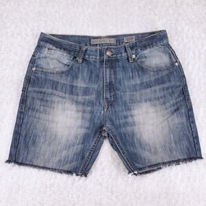 PD&C Cut-Off Jean Shorts Mens 34 Blue Stone Wash Faded Whiskers Distressed Y2K